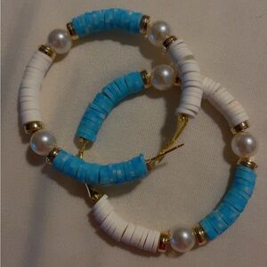 Elegant Blue and White Beaded Hoop Earrings handmade 304 stainless steel